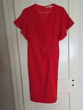 Elegant V Neck Red Sheath Dress with Flutter Sleeves Size 8